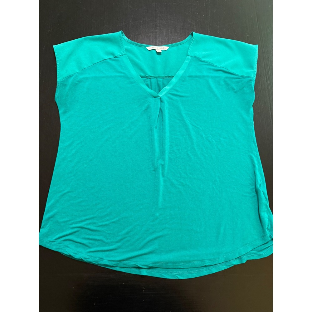 Adrienne Vittadini Teal Green V-Neck Mixed Media Blouse Short Sleeve Large
